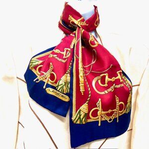 Riversable  Lancel Paris Silk Satin Scarf 54"x8"" red b;ue  gold chain  (78